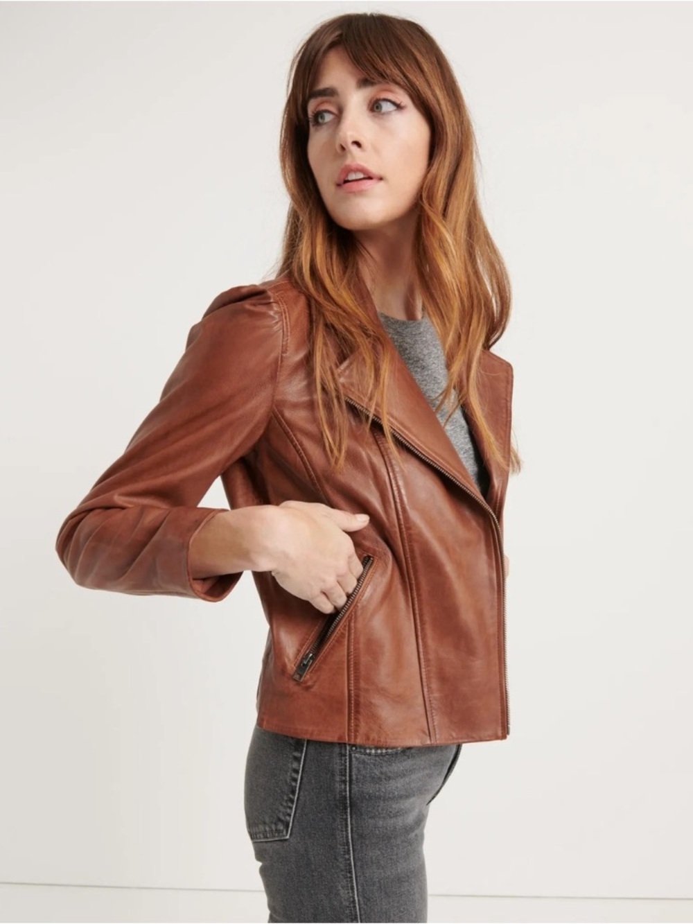 Lucky Brand | Puff Sleeve Brown Leather Moto Jacket
